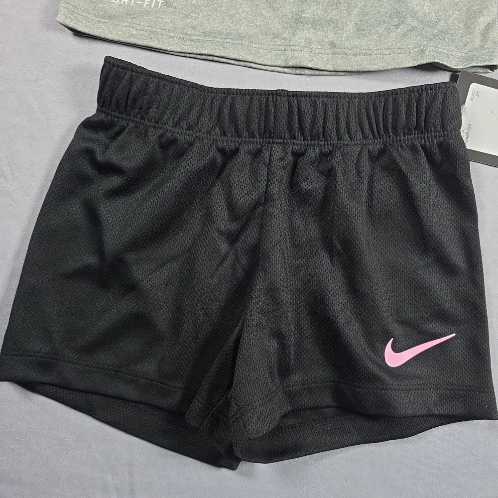 Nike Dri-Fit Little Girl's  2-Piece Graphic Tee & Short Set Gray Black 2T